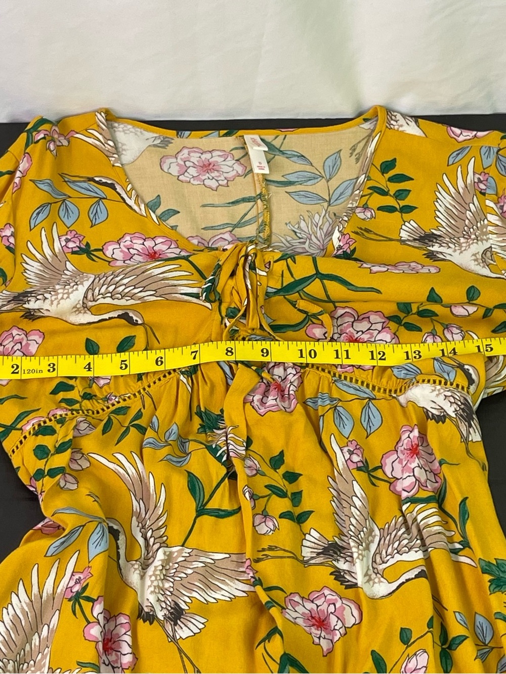 Xhilaration Yellow Boho Mini Dress with Pink Flowers & Cranes Size Small - Picture 11 of 15